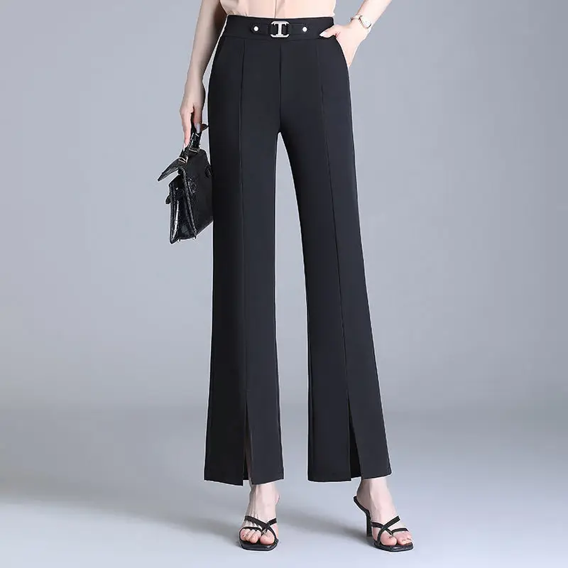 Top Trends: Office Lady Korean Fashion Solid High Waist Split Straight Pants Spring Summer Women Streetwear Casual Elastic Wide Leg Trousers Shoppable Styles