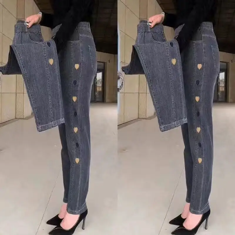 Top Trends: Women&#039;s Autumn Winter New Fashion Simple Pocket Embroidery Korean Edition Versatile Loose High Waist Elastic Harlan Denim Pants Shoppable Styles