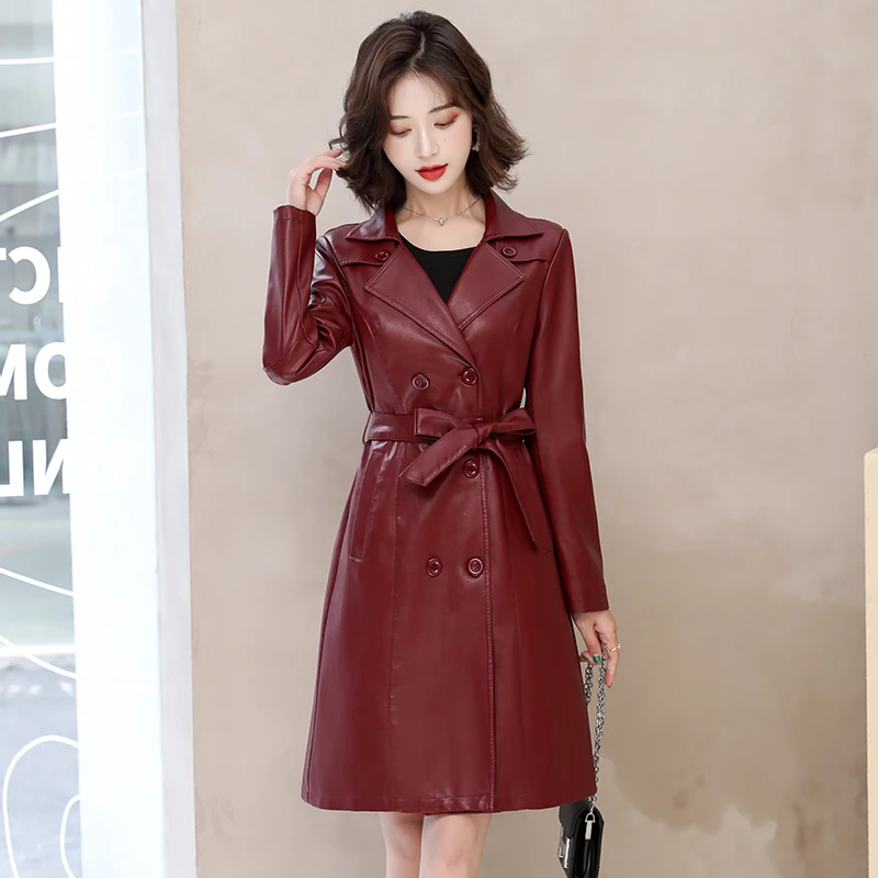 Top Trends: 2023 Spring Autumn Sheep Leather Long Trench Coat Women Double Breasted Slim Trench Coat Female Outwear Fashion Windbreaker Shoppable Styles