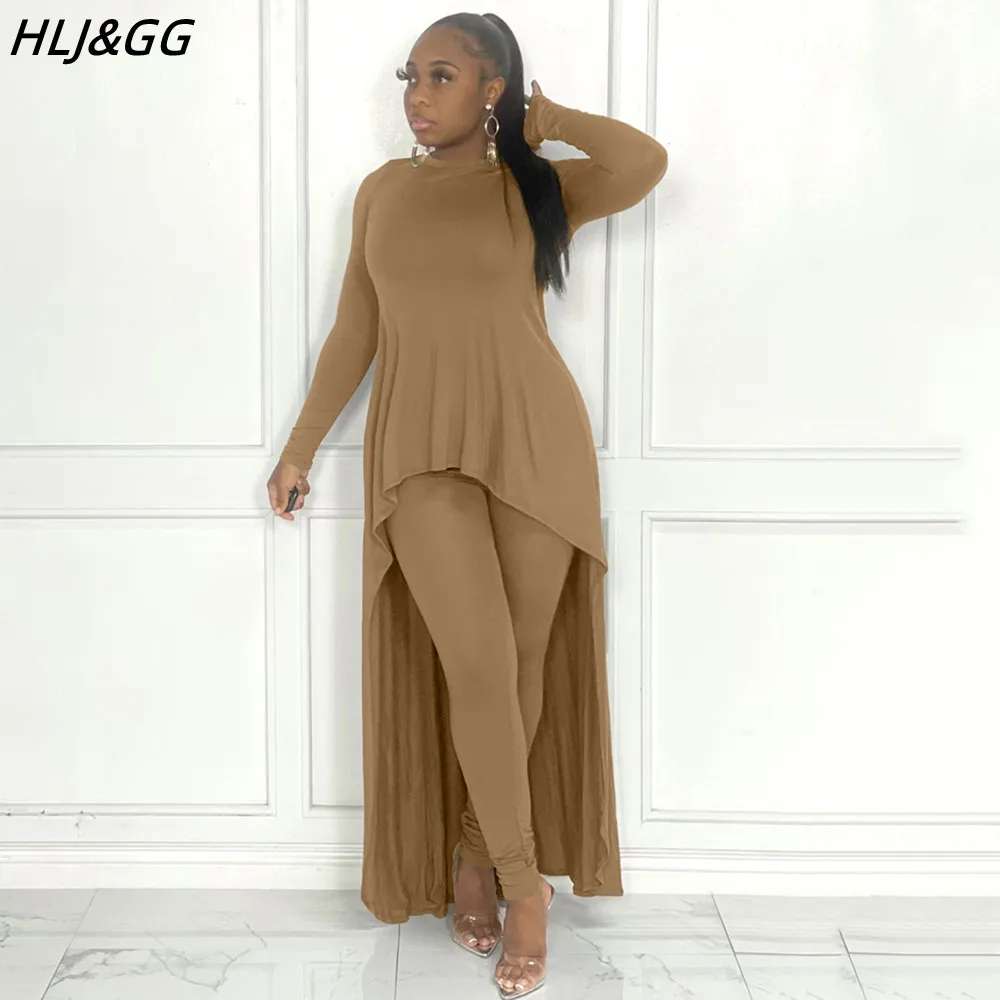 Top Trends: HLJ&GG Fall Winter Casual Irregular Top + Skinny Pants Two Piece Sets Women Outfits Female Solid Color Matching 2pcs Tracksuits Shoppable Styles - Image 3