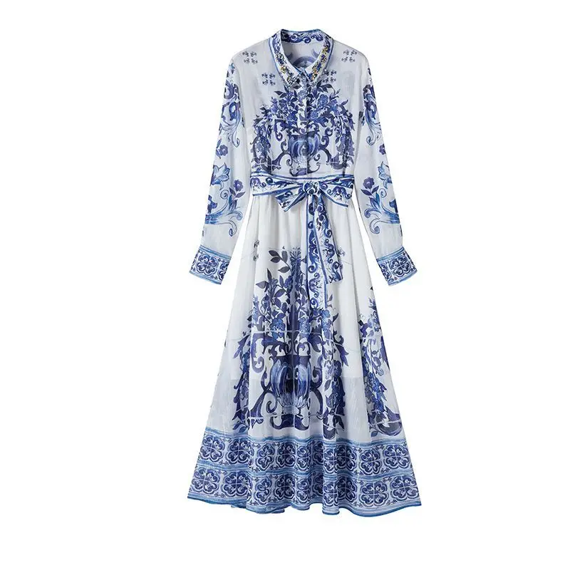 Top Trends: Banulin Summer Sliver Blue And White Porcelain Chiffon Dress Women Beading Lapel Lantern Sleeve Bow Sashes Elegant Long Dress Shoppable Styles