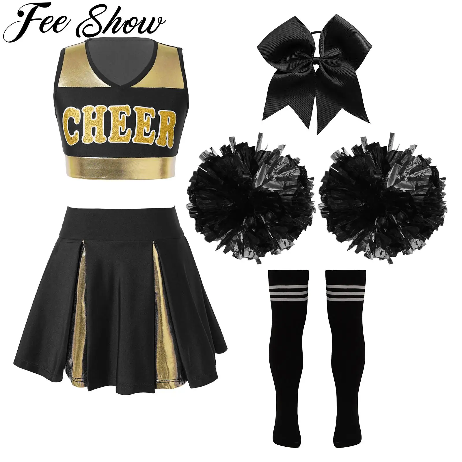 Top Trends: FEESHOW Girls Cheer Leader Halloween Performance Uniform Costume High School Crop Top Pleated Skirt Cheerleading Outfit Sets Shoppable Styles