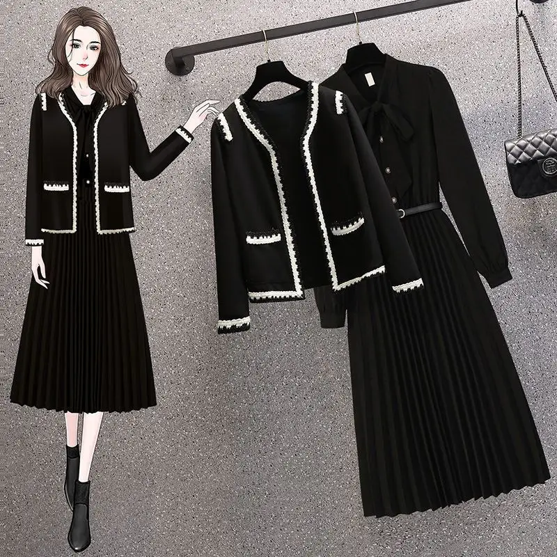 Top Trends: Women's Fashion Knit Black Short Jacket Midi Dress Two Piece Set Korean Lady Graceful Patchwork Coats Dresses Outfits Outerwear Shoppable Styles