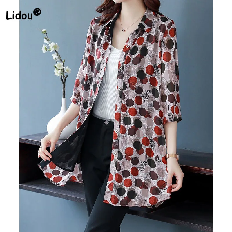 Top Trends: Summer New Women&#039;s All-match Polo-Neck Chiffon Shirt Female Clothing Fashion Single-breasted Casual Polka Dot Printed Blouse Shoppable Styles