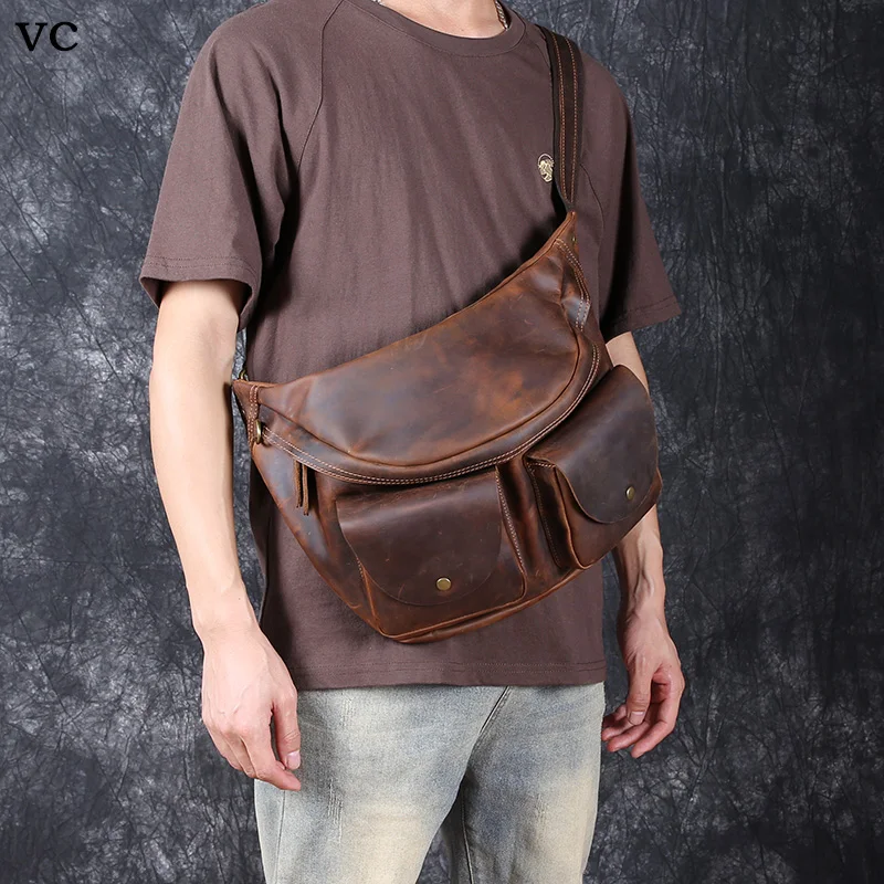 Top Trends: Vintage Top Layer Cowhide Chest Bag Casual Men's Outdoor Shoulder Crossbody Bag Fashion Trend Leather Waist Pack Shoppable Styles