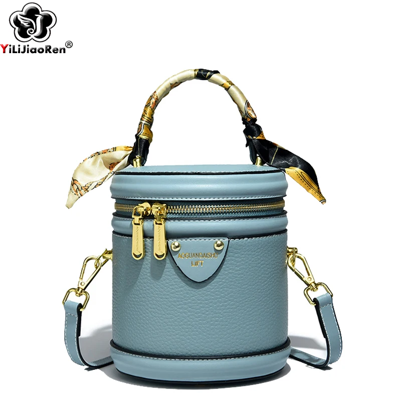 Top Trends: Cylindrical Shoulder Bags Female Fashion Bucket Bag Ladies Small Handbag Designer Genuine Leather Crossbody Bags For Women Sac Shoppable Styles