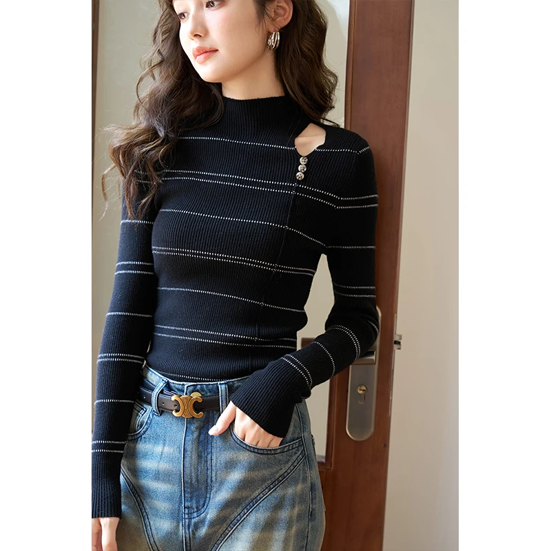 Top Trends: MISHOW Women's Striped Long Sleeve Inner Top 2023 Autumn Mock Neck Knitted Bottoming Shirts Slim Hollow Out Design MXC44Z0126 Shoppable Styles