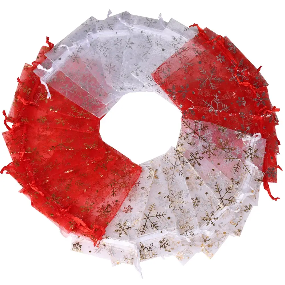 Top Trends: 50pcs / Lot Various Sizes Jewelry Bags Red White Snowflake Pattern Organza Christmas Gift Storage Drawstring Pouches Wholesale Shoppable Styles