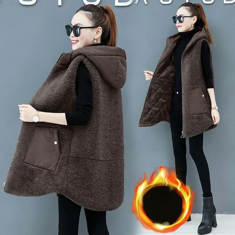 Top Trends: Women Lamb Wool Vest Coat Autumn Winter Warm Hooded Cardigan Sleeveless Tops Plus Size Loose Korean Fashion Thick Shoppable Styles