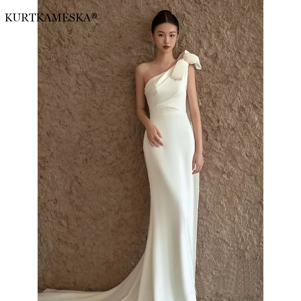 Top Trends: 2023 Luxury White Satin One Shoulder Wedding Trailing Dresses For Bride Elegant Long Prom Evening Guest Party Women Summer Dress Shoppable Styles