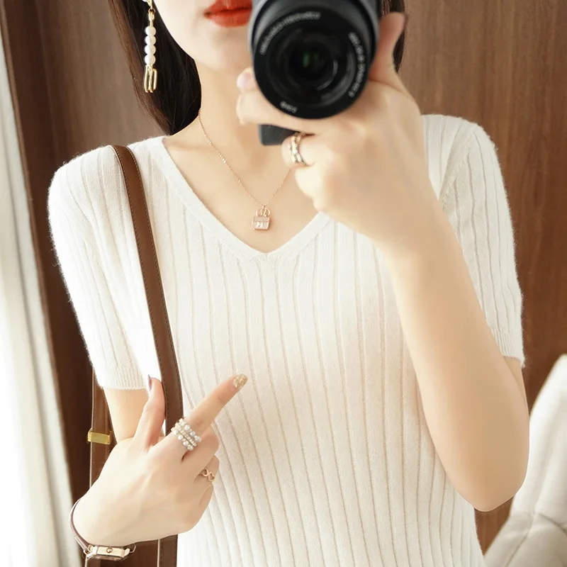 Top Trends: 2023 Spring Summer Women Sweater V-neck Short Sleeve Tshirt Korean Fashion Knitwears Slim Fit Pullovers Bottoming Inner Knit Top Shoppable Styles - Image 3