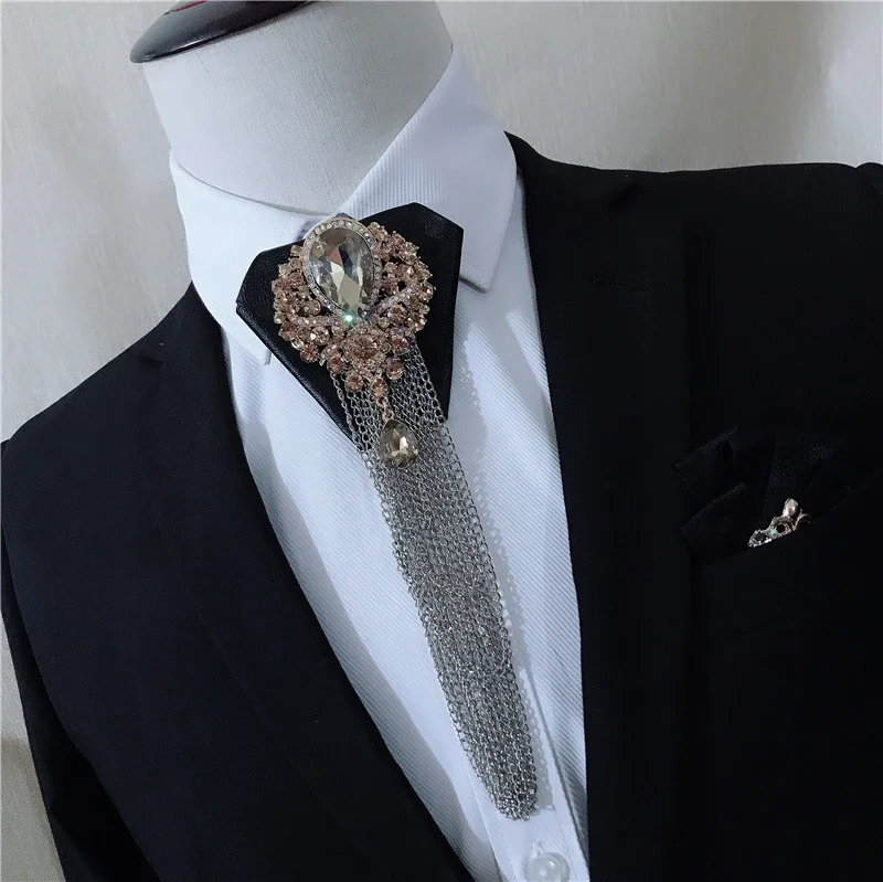 Top Trends: Korean Leather Bow Tie Neckties Metal Rhinestone Tassel Neck Ties Men's Shirt Cravat Wedding Luxury Jewelry Accessories Shoppable Styles