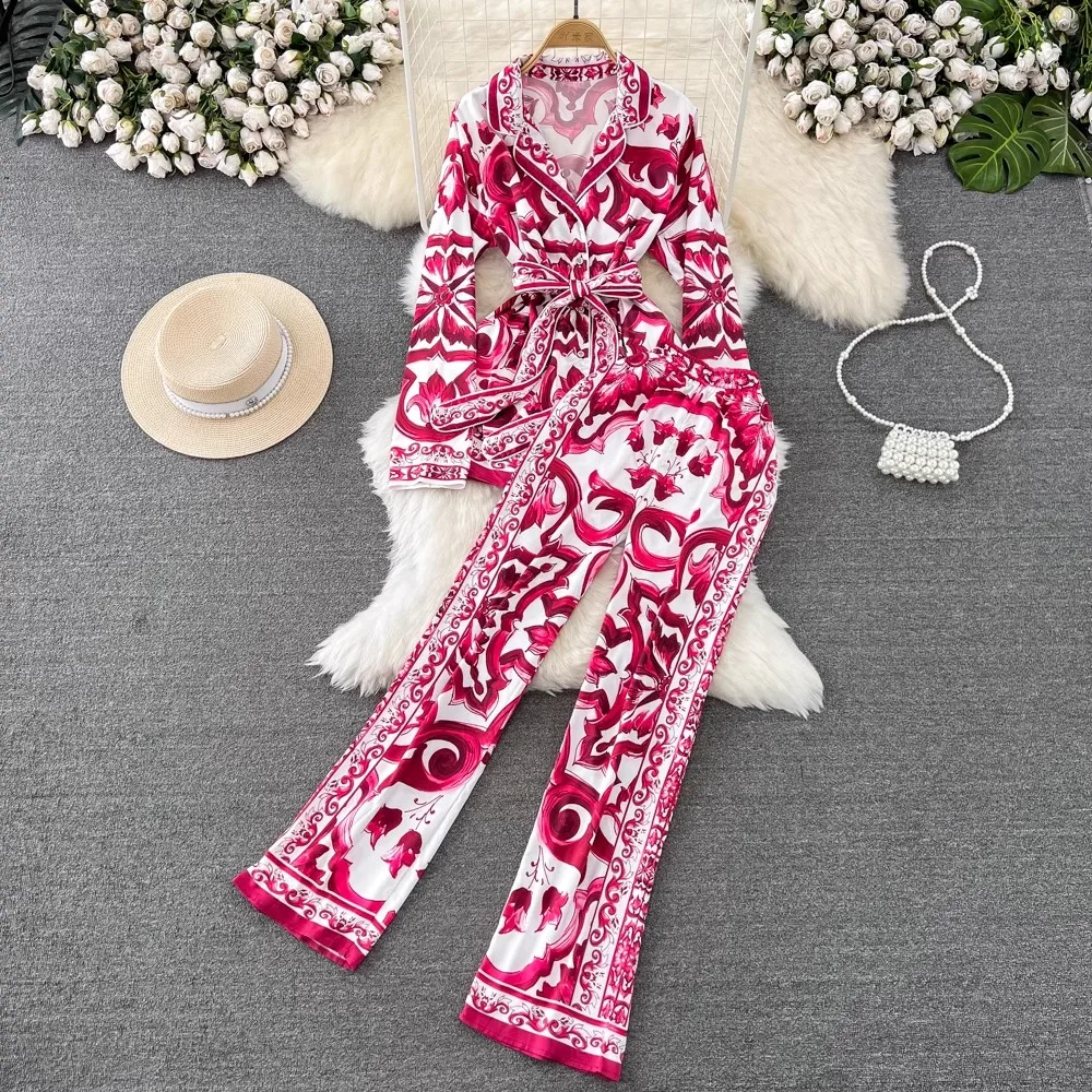 Top Trends: Autumn Fashion Runway Pants Suit Women's Long Sleeve Blue And White Porcelain Print Long Jacket + Pants 2 Pieces Set N8730 Shoppable Styles