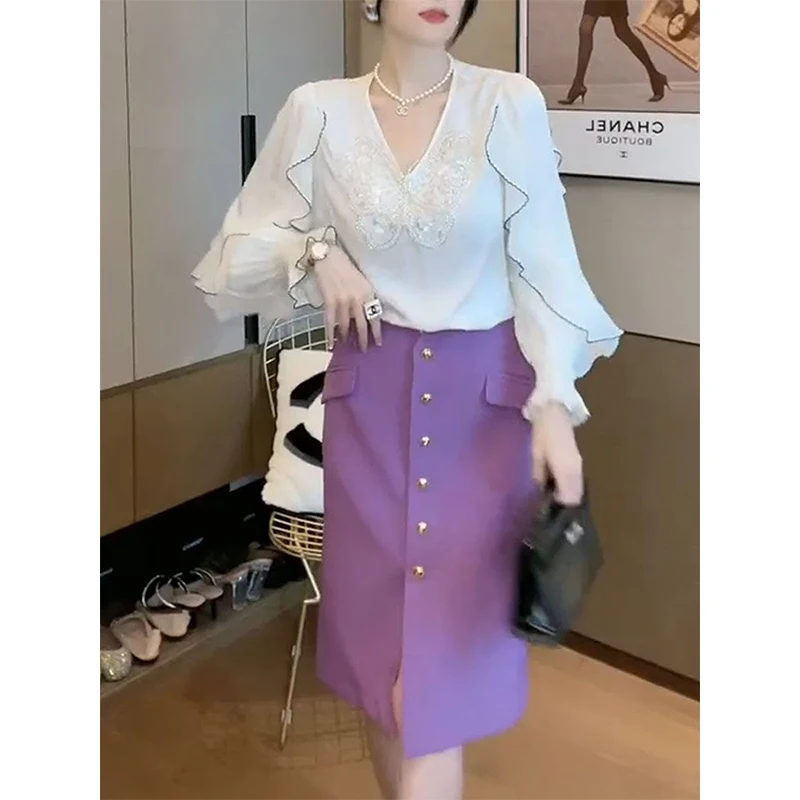 Top Trends: Spring Summer V-neck Butterfly Sequined Ruffles Long Sleeve Shirt Ladies Elegant Fashion Pullover Blouse Women's Clothing Top Shoppable Styles - Image 6