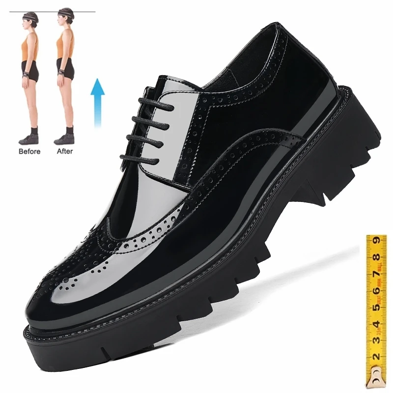 Top Trends: Platform High Heel 4 / 7 / 9 CM Height Increase Casual Men Brogue Patent Leather Shoe Man Oxford Dress Shoes Elevator Formal Wedding Shoppable Styles