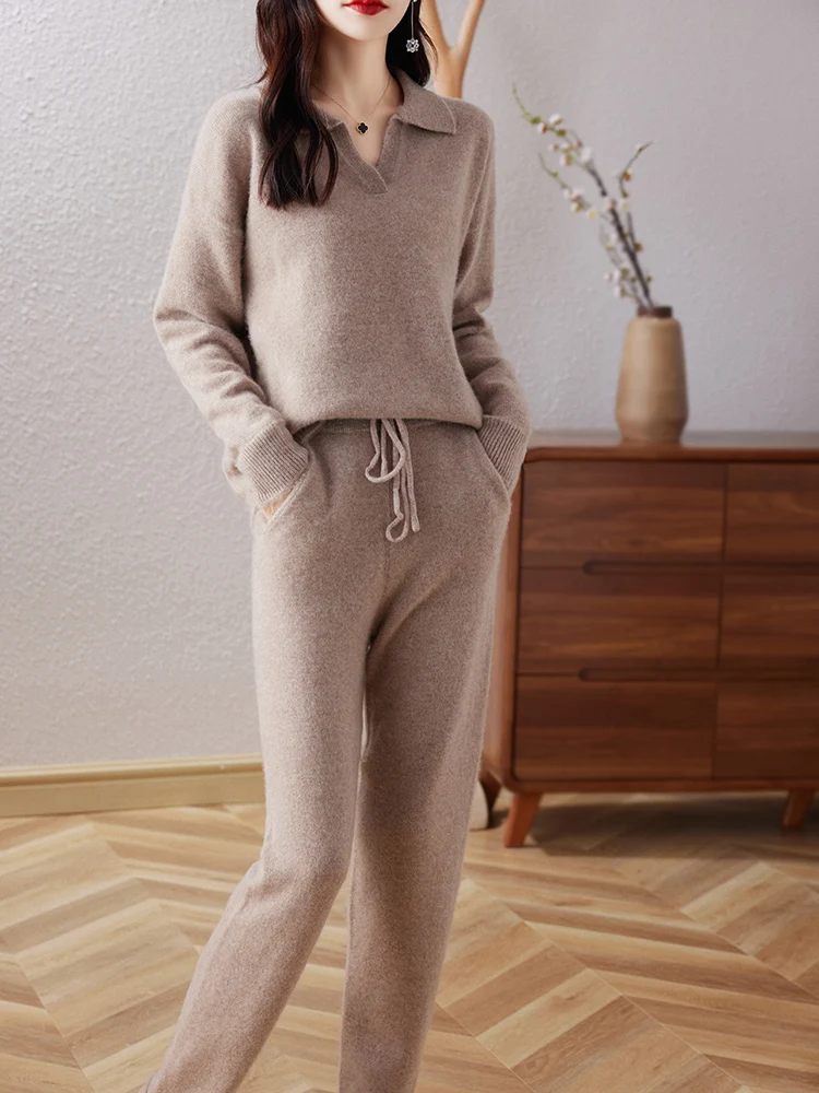 Top Trends: Autumn And Winter Cashmere Sweater Women&#039;s Suit Lapel Knit Pullover Fashion Straight Leg Small Foot Pants Luxury Two-Piece Set Shoppable Styles