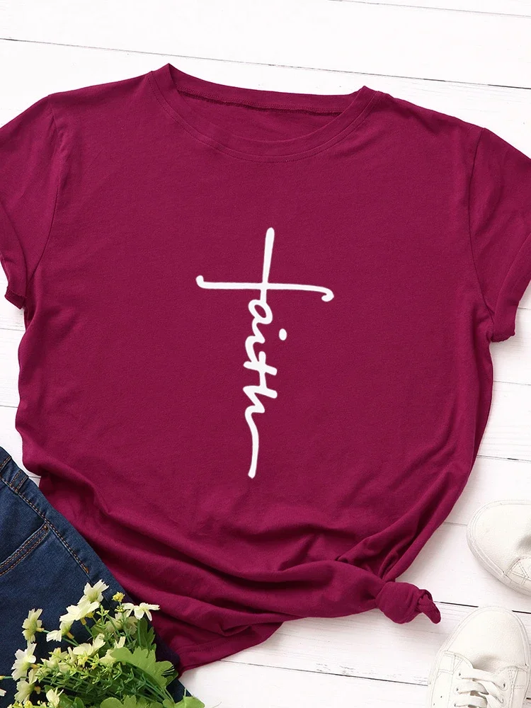 Top Trends: Faith Letter Print Women T Shirt Short Sleeve O Neck Loose Women Tshirt Ladies Tee Shirt Tops Clothes Camisetas Mujer Shoppable Styles