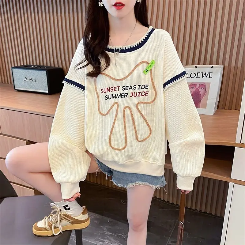 Top Trends: Female Fashion Korean Round Neck Patchwork Sweatshirts Autumn Winter Women&#039;s Clothing New Long Sleeve Loose Fake Two Pieces Top Shoppable Styles