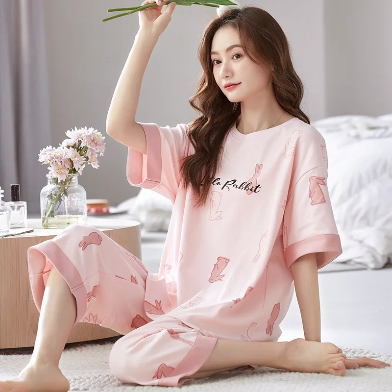 Top Trends: Women's Pajamas Sets Cotton Pyjamas Cartoon Pijamas Loungewear Short Sleeve And Pants Suit Sleepwear Nightwear Women Homewear Shoppable Styles - Image 2