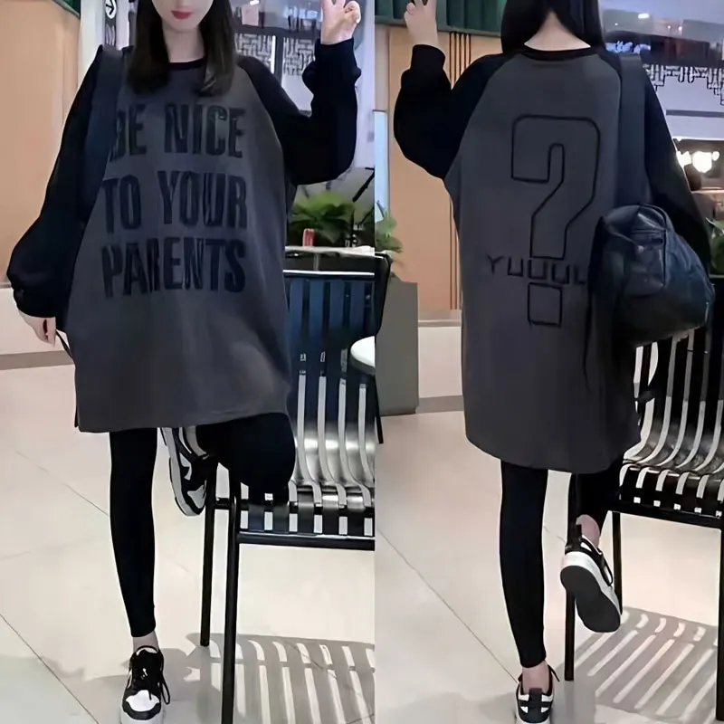 Top Trends: Korean Letter Printed Midi Sweatshirts Spring Autumn New Commute Loose Female Clothing O-Neck Casual Spliced All-match Pullovers Shoppable Styles