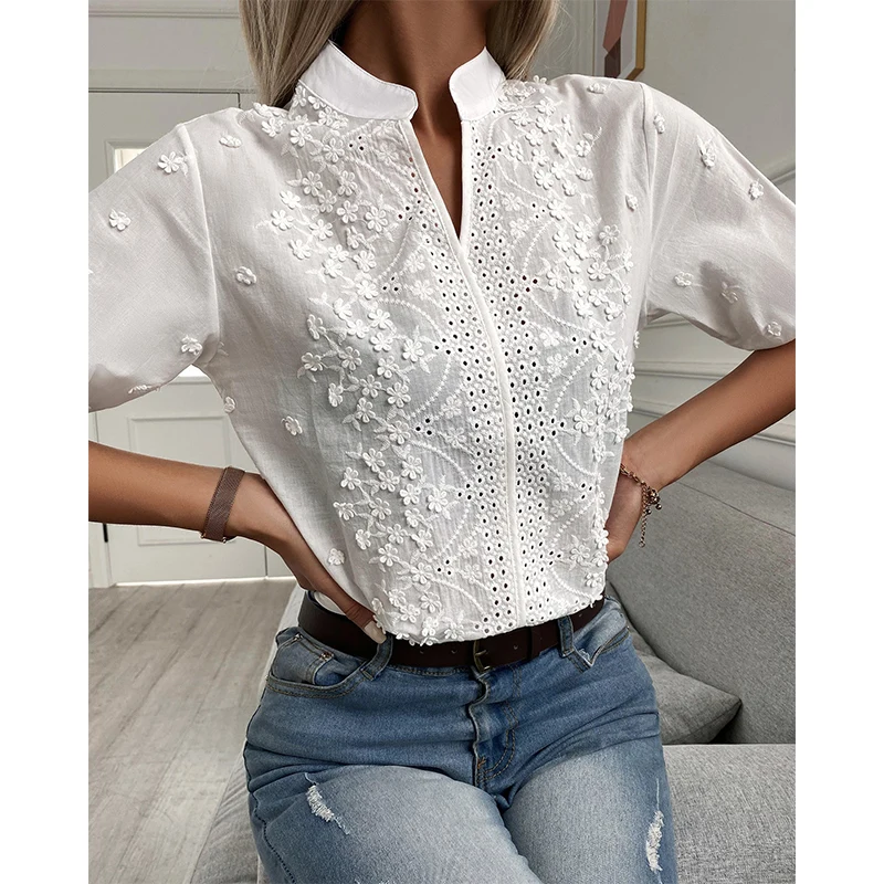 Top Trends: Chic Hollow-out Embroidery White Cotton Shirt Floral Patterns Decoration V Neck Casual Lace Blouse Half Puff Sleeved Tops Women Shoppable Styles