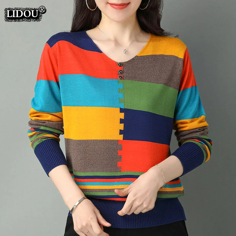 Top Trends: Puzzle Patchwork Print V-neck Long Sleeved Fashion Spring Autumn T-shirts Skinny Causal Top All-match Cotton Women's Clothing Shoppable Styles