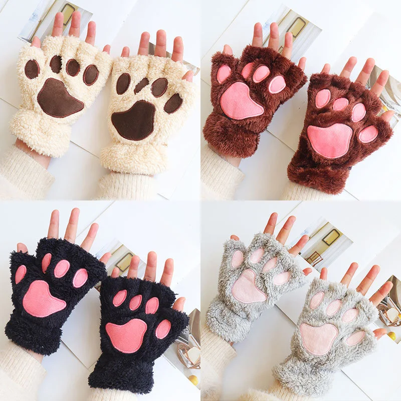 Top Trends: 1Pair Girl Lovely Bear Plush Cat Paw Claw Gloves Winter Faux Fur Kitten Fingerless Mittens For Women Christmas Halloween Gloves Shoppable Styles - Image 6