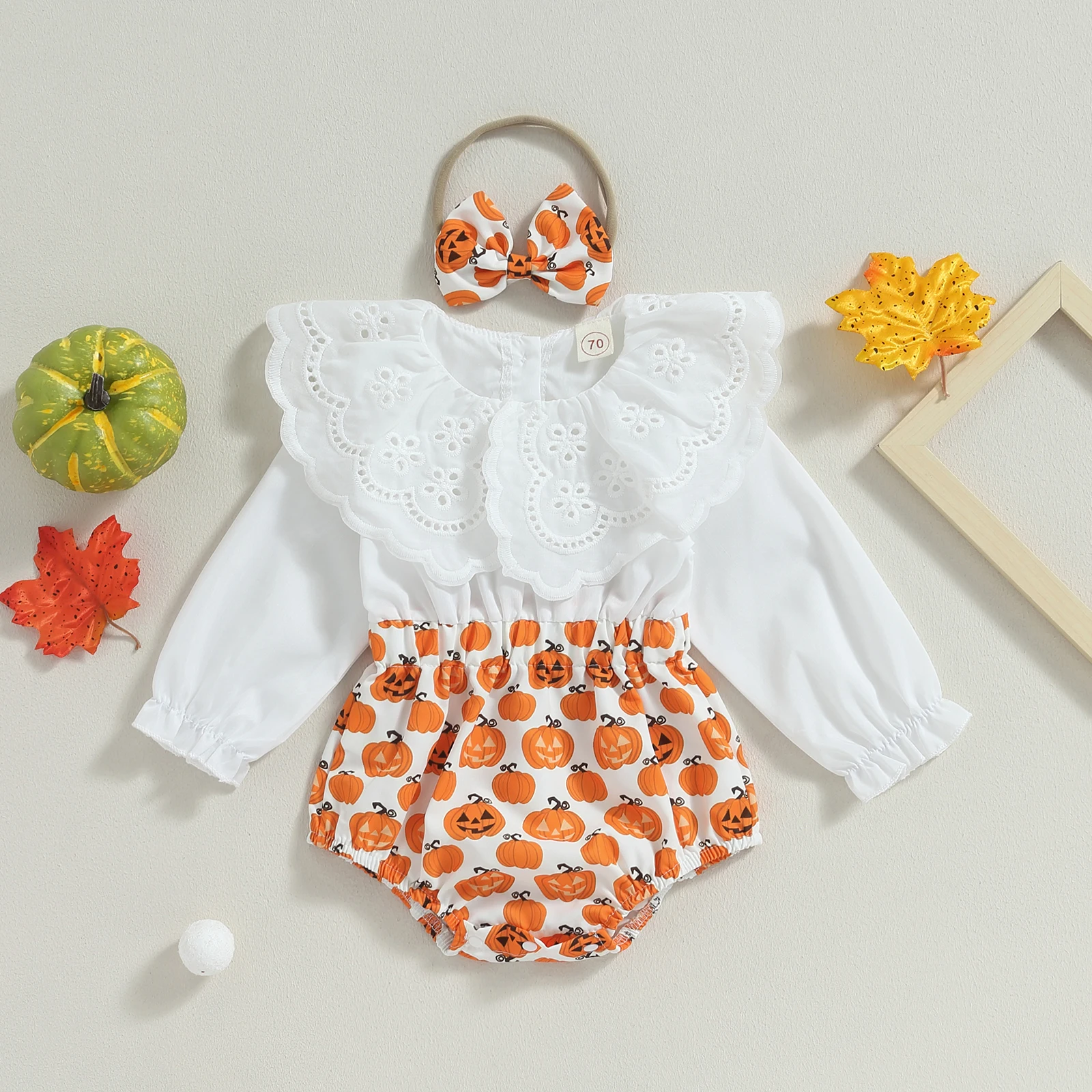 Top Trends: Mildsown Newborn Girl Outfit, Long Sleeve Doll Collar Pumpkin Print Patchwork Romper With Hairband Halloween Clothes Shoppable Styles