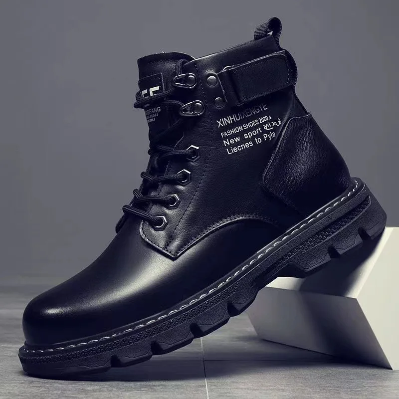 Top Trends: Winter Men's High Top Boots Trendy Black Motorcycle Boots Outdoor Warm Platform Boots Men Lace-up Leather Boots Bota Masculina Shoppable Styles