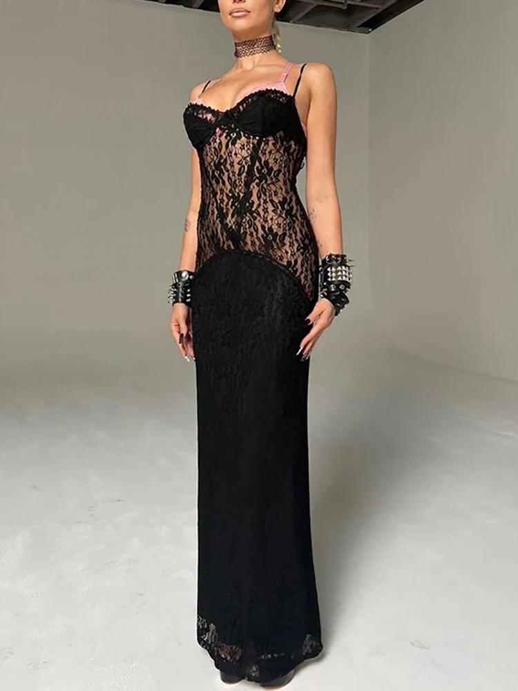 Top Trends: Fantoye Sexy See Through Lace Maxi For Women Dress Black Spaghetti Strap Evening Dress Autumn Skinny Elegant Party Clubwear 2023 Shoppable Styles