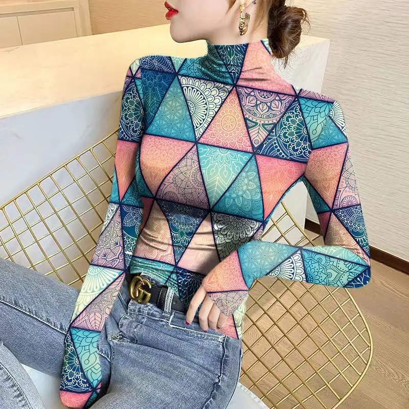 Top Trends: Women's Thin Half High Neck Underlay Spring Autumn New Printing Argyle Fashion All Match Long Sleeve Pullover T-shirt Tops Shoppable Styles