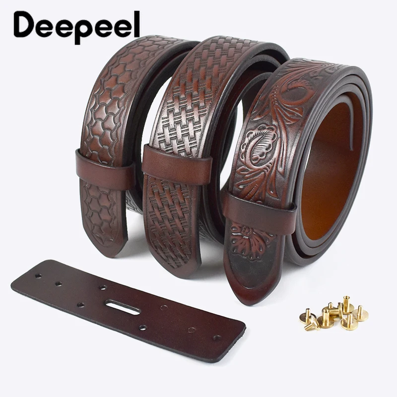 Top Trends: 3.4 / 3.8cm Men's Genuine Leather Belt Body Embossed Retro First Layer Cowskin Belts Vegetable Tanned Without Buckle Waistband Shoppable Styles