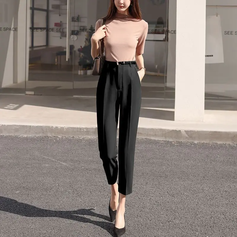 Top Trends: Office Lady Fashion Coffee Harlan Suit Pants Spring Summer Thin Women Koreon Women High Waist Casual Slim Cropped Trousers 2023 Shoppable Styles - Image 5