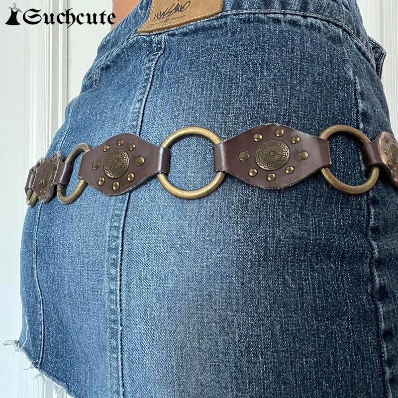 Top Trends: SUCHCUTE Sunflower Buckle Boho Vintage Rivet Brown Belts For Women PU Leather Y2K Style Accessories Goth Streetwear Loop Belts Shoppable Styles - Image 3