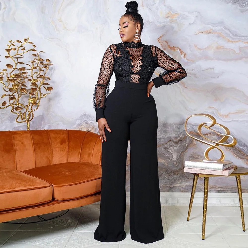 Top Trends: Sparkly Sheer Mesh Sequins Jumpsuits Long Sleeve See Through One Piece Overall Wide Leg Rompers Sexy Night Club Party Bodysuit Shoppable Styles