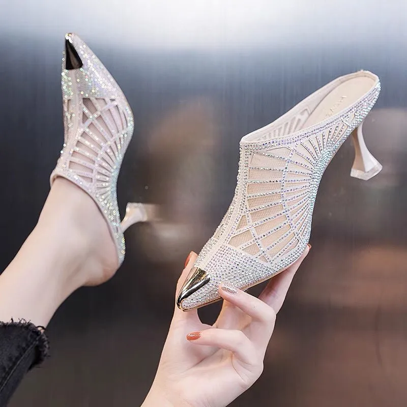 Top Trends: Summer Elegant Half Slipper Women Mules Rhinestone Pointed Toe Mesh High Heels Sandals Comfortable Mid Heel Women's Footwear Shoppable Styles