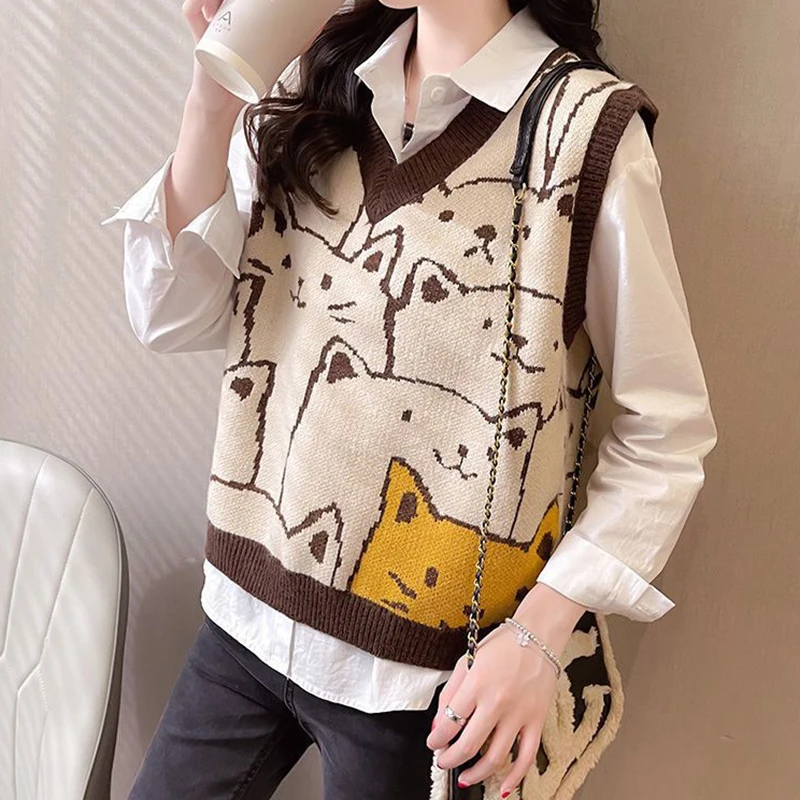 Top Trends: Women Cat Printed Cute Sweater Vest Knit V-Neck Casual Sleeveless Pullovers Streetwear Sweater Vest For Women 2023 Autumn Shoppable Styles - Image 4