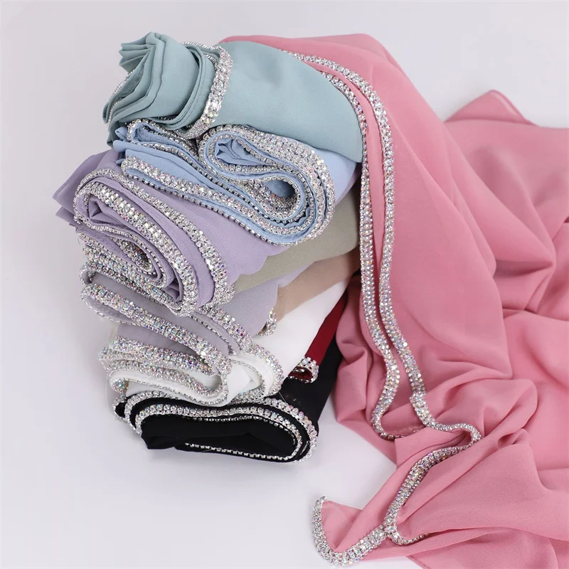 Top Trends: New Luxury Fashion Jewelry Bubble Chiffon Hijab Shawls High Quality Bling Bling Wrap Beach Bufandas Ramadan Islamic Muslim Sjaal Shoppable Styles