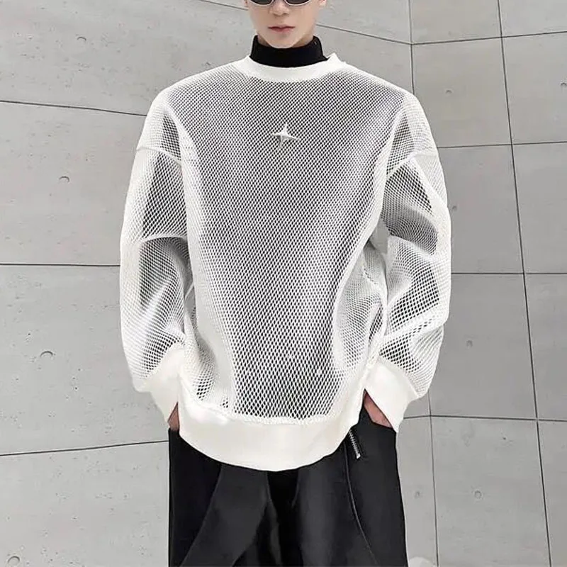 Top Trends: Fashion Korean Clothes Spring Hollow Out Ice Silk Fabric Men&#039;s Wear Sheer Out Streetwear Round Neck Long Sleeve T-shirt Shoppable Styles