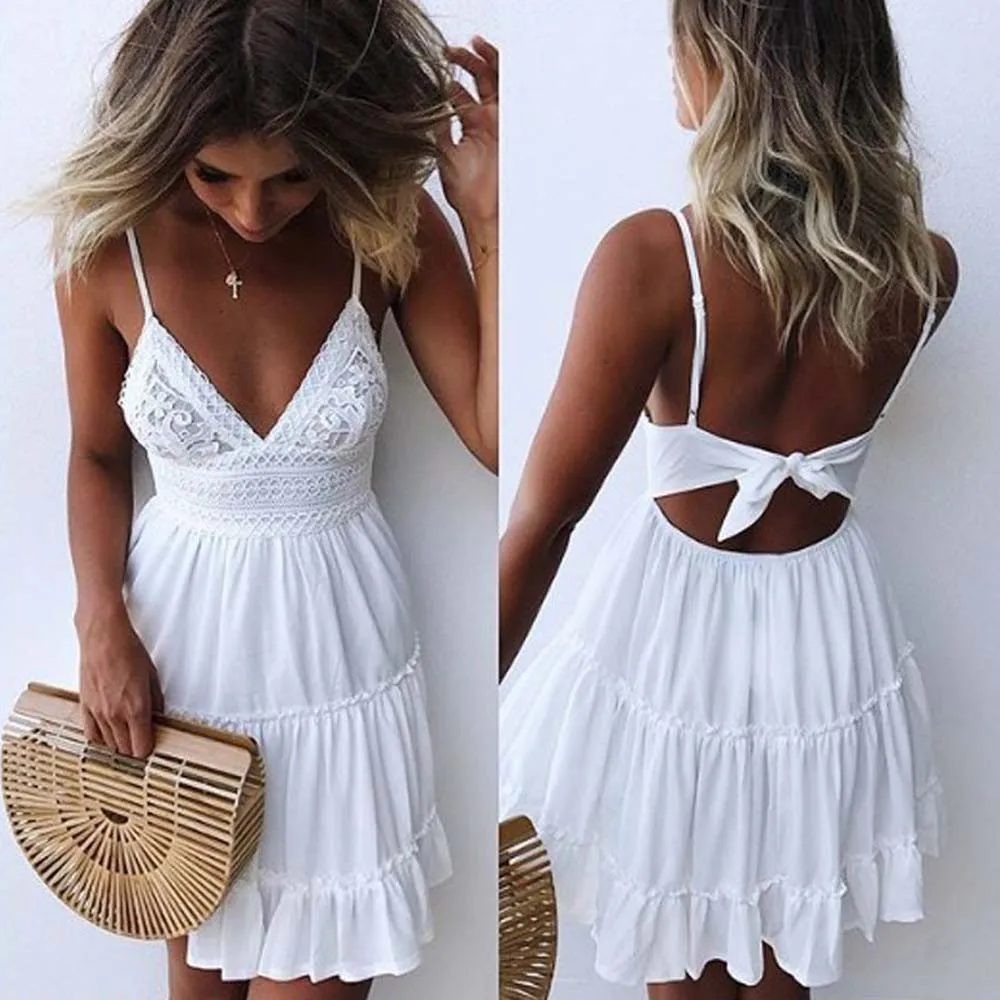 Top Trends: Summer White Dress Women Boho Spaghetti Strap Mini Party Sundress Deep V Neck Sleeveless Bow Dress A-Line Vestidos Mujer Verano Shoppable Styles