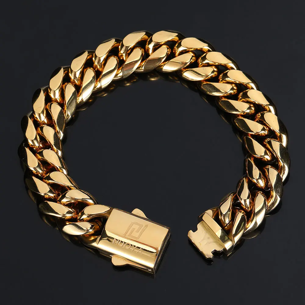 Top Trends: Hip Hop Rock Jewelry Free Custom Logo Name 18K Gold Plated Miami Cuban Link Chain Stainless Steel Bracelet For Men Shoppable Styles