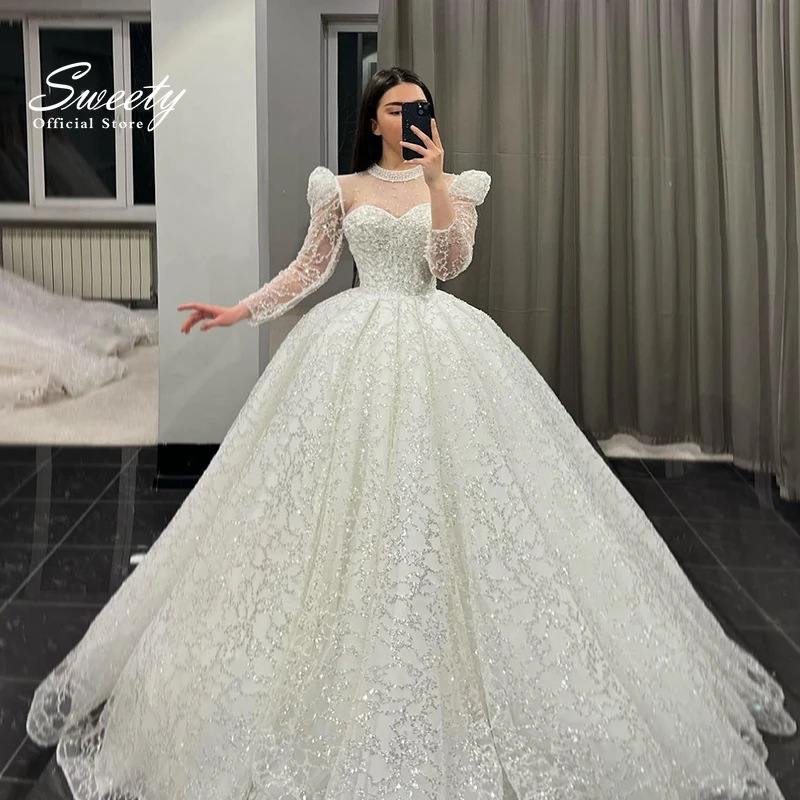 Top Trends: Luxury Wedding Dress Organza With Embroidery Lace Sequins Ball Gown Full Sleeve High-Neck Bride Dress Back Button Robe De Mariee Shoppable Styles