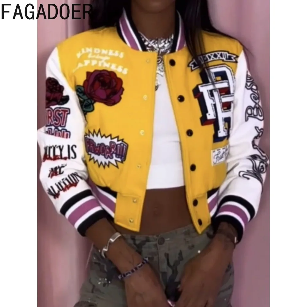 Top Trends: FAGADOER Yellow Autumn Graffiti Printing Patchwork Baseball Jacket Women Button Long Sleeve Crop Coats Female Streetwear 2023 Shoppable Styles