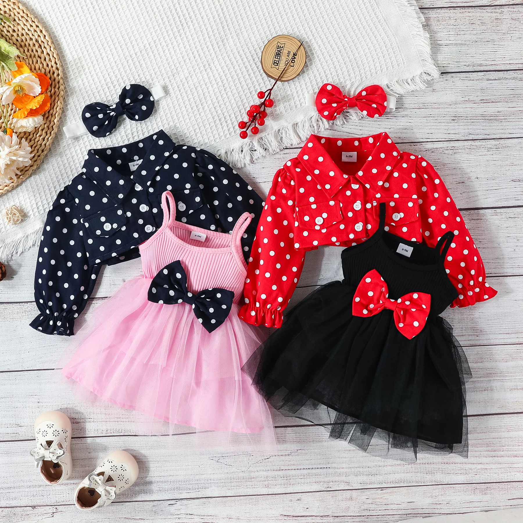 Top Trends: Autumn Winter Dresses Party Dress Baby Girl Clothes Suspended Mesh Bow Dress + Polka Dot Lapel Jacket Clothing Girls Dress 6-24M Shoppable Styles