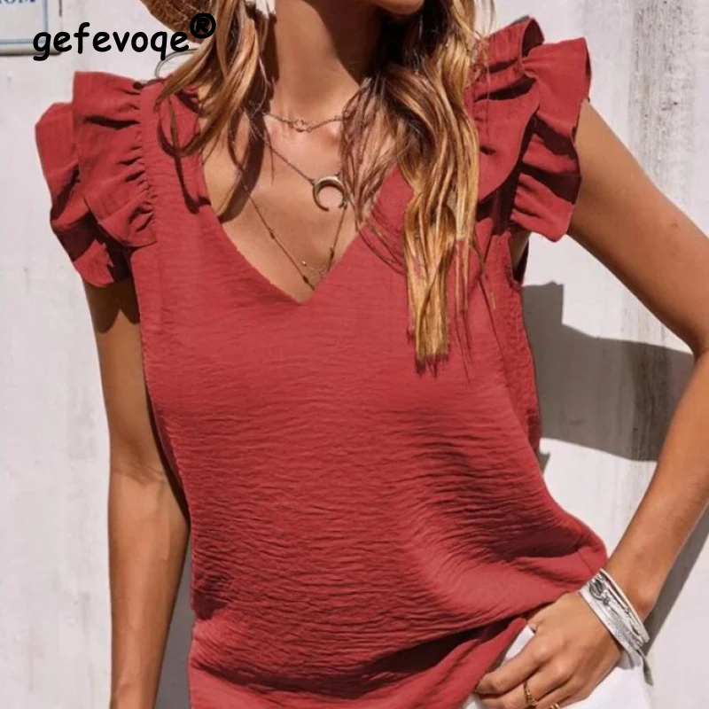 Top Trends: Elegant Fashion Ruffles Folds Solid Shirt Summer 2023 New Streetwear V-Neck Short Sleeve Loose Pullovers Blouse Women&#039;s Clothing Shoppable Styles