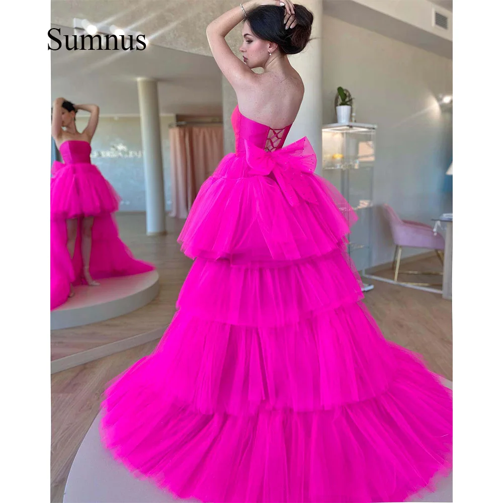 Top Trends: Sumnus Hot Pink Tulle Strapless Party Dresses With Bow High Low Tiered Long Train Homecoming Prom Dress 2024 Event Gowns Shoppable Styles