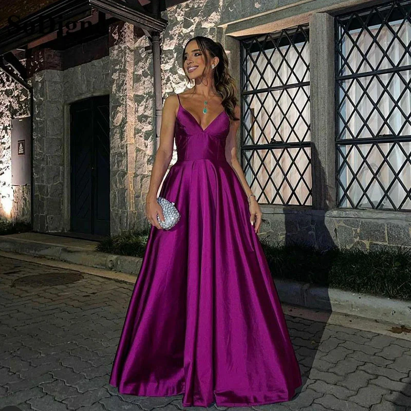 Top Trends: SoDigne Purple V Neck Prom Dress Spaghetti Straps Sleeveless Backless A Line Evening Dresses Women Formal Party Gowns Fashions Shoppable Styles