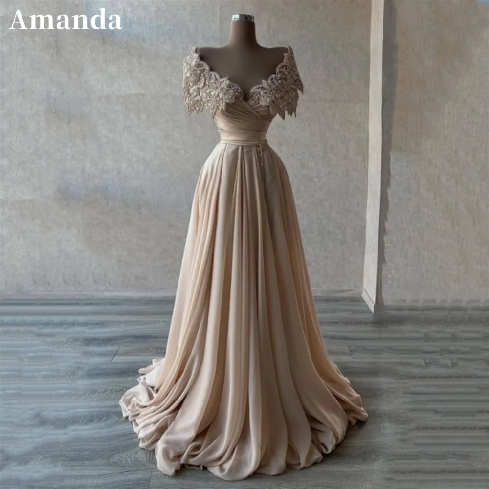 Top Trends: Amanda Sequins Lace Embroidery Prom Dress Elegant Champagne Silk A-line فساتين السهرة Sexy Off Shoulder Vestidos De Noche Shoppable Styles