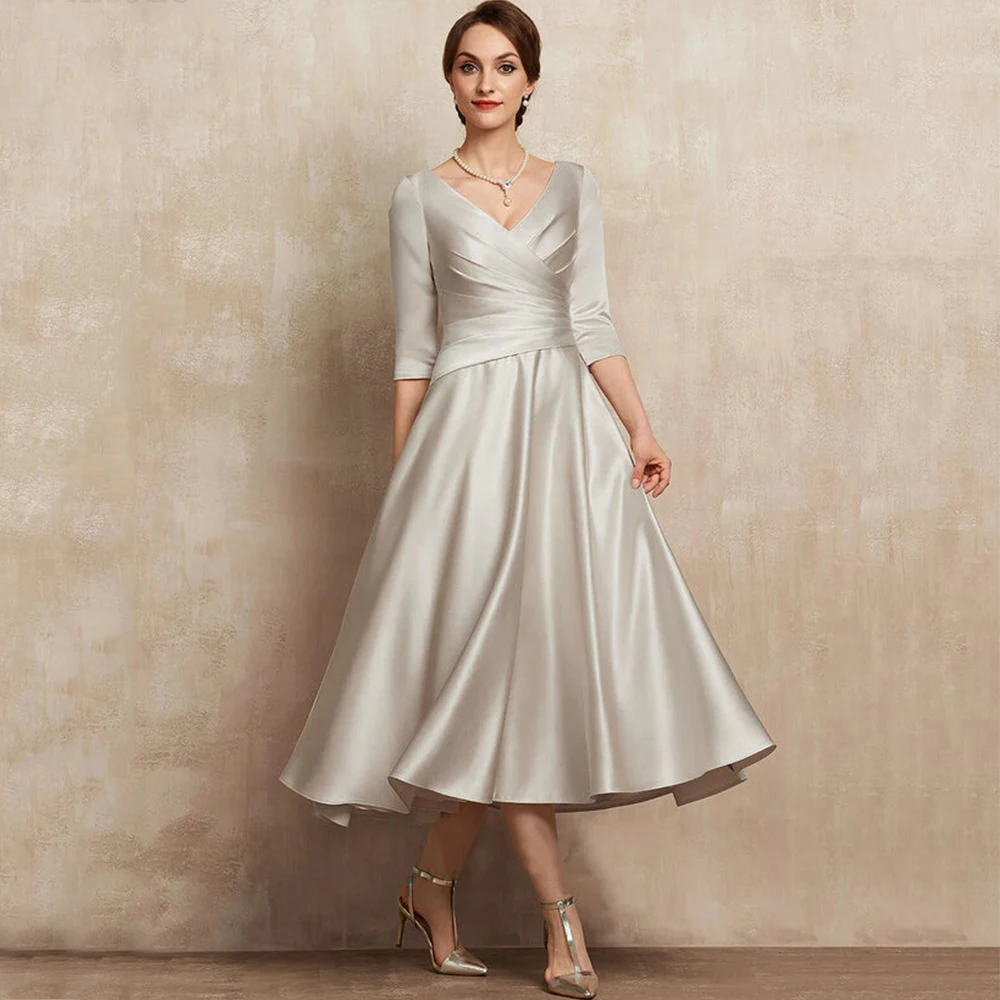 Top Trends: Elegant Tea-Length Mother Of The Bridal Dresses Three Quarter V-Neck Pleat Women Dress For Wedding Party Banquet Guest Gowns Shoppable Styles