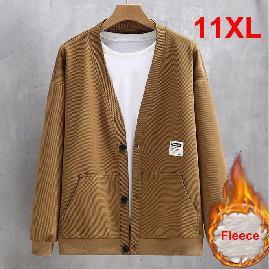 Top Trends: Autumn Winter Fleece Jacket Men V-neck Baseball Jacket Plus Size 10XL 11XL Fashion Casual Solid Color Coat Male Shoppable Styles